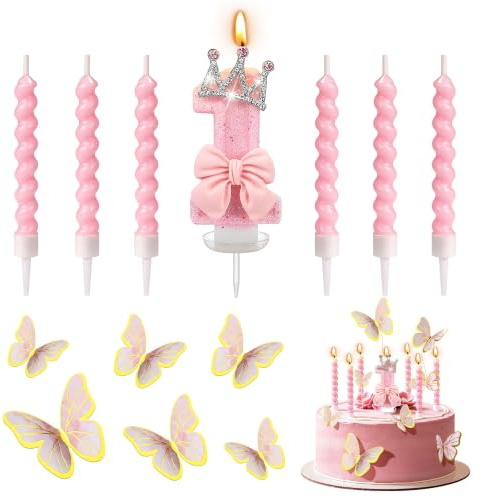Crown Number 1 Candles with 6 Pcs Pink Spiral Candles for Cake Decorations | 1st Bow Candle Butterfly Cake Topper for Girls Women Birthday Party, Baby Showers, Anniversary Supplies Party Decorations