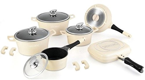 Royalty Line Set di pentole 15 pezzi Marble induzione pentola padella coperchio in vetro stoviglie Beige Cream con doppio Grill padella 28 cm