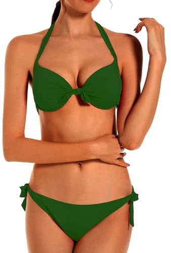 EONAR Damen Bademode Nackenträger Push up Bikinioberteil mit Underwire Einstellbar Seitlich Bindungen Bikini-Sets, Gr.- 65A/65B/70A (Small)Army Green