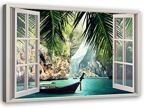Feeby Leinwandbilder - Deko Bilder - Fensterblick Palmen Meer Landschaft - Canvas 90x60 cm 1tlg- Wandbilder Schlafzimmer - Aesthetic Room Decor - Modern Wanddeko - Bild auf Leinwand - Fertig Gespannd