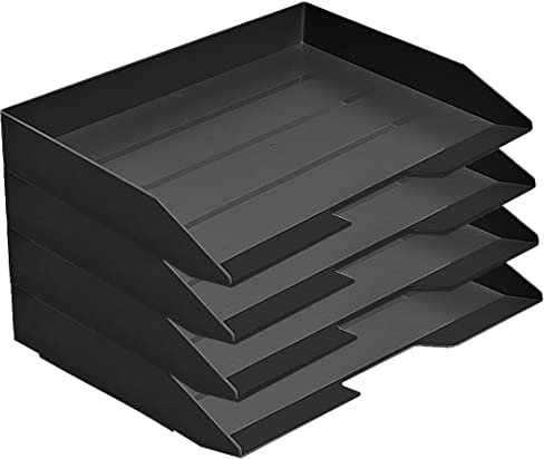 Acrimet Bandeja de Papel Apilable, Archivador de Documentos A4, Organizador de Cartas y Papeles en Plástico de Carga Lateral para Oficina, (Color Negro) (Paquete de 4 Unidades)