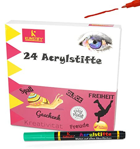 KUNSTIFY Acrylstifte - 24 Farben - 0,7mm - wasserfest - Marker Stifte - vielseitig anwendbar - Filzstift - für Kinder und Erwachsene