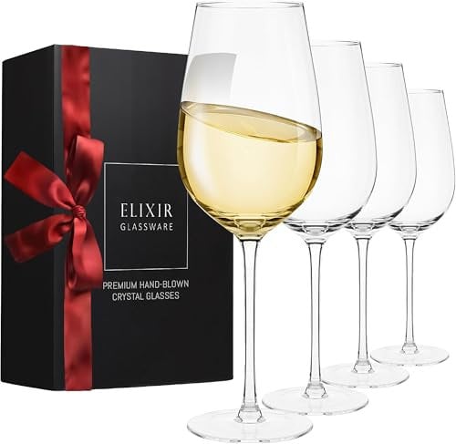 Lot de 4 verres à vin blanc - Cristal soufflés à la main - Modernes à long pied - Grands verres à vin avec pied pour mariage, Noël, dégustation de vin, amateurs de vin - 510 g - Transparent
