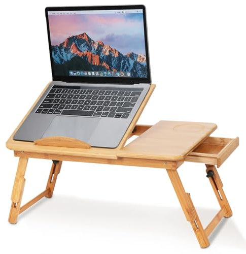 Mesa Plegable, Mesa de Comer en Cama Bandeja de Cama para Computadora Mesa para Portatil Cama Bandeja de Desayuno, Mesa de Cama para Computadora Portátil con Cajón Superior Inclinable