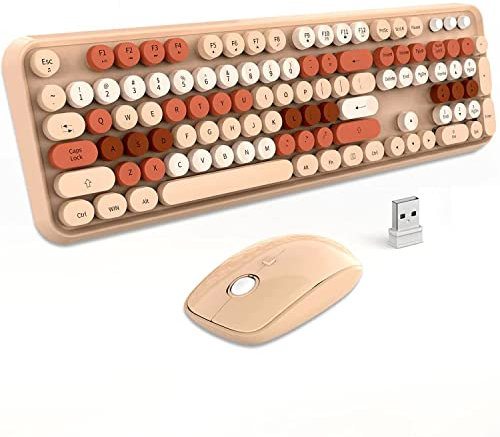 FOPETT Keyboard and Mouse Sets Wireless,Reliable 2.4 GHz Connectivity for PC,Laptop,Smart TV and More (Milk Tea Color)