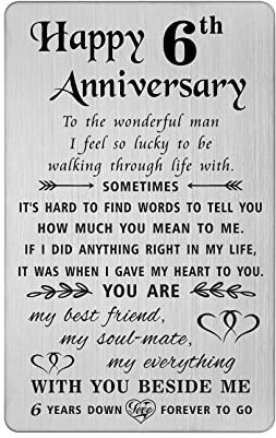 TANWIH 6 Year Anniversary Card Gifts for Him, Iron Gifts for 6th Anniversary for Men, 6th Year Wedding Iron Card for Husband, Engraved Metal Wallet Insert