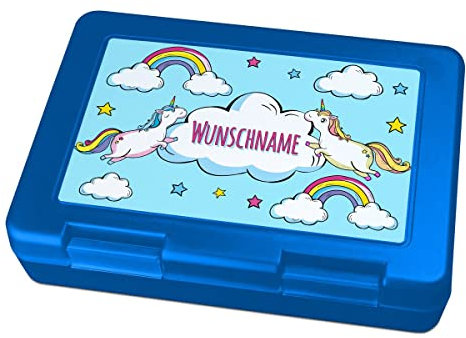 printplanet® Brotdose mit Wunschnamen personalisieren - Motiv Einhorn - Farbvariante Blau