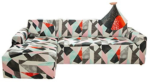Jaotto Housse de Canapé d'angle Extensible 2 Pieces, Housse de Canapé Élastique en Forme de L, Revêtement de Canapé Universel Lavable, Couverture pour Canapé(3 Places+4 Places,Rose Blanche)