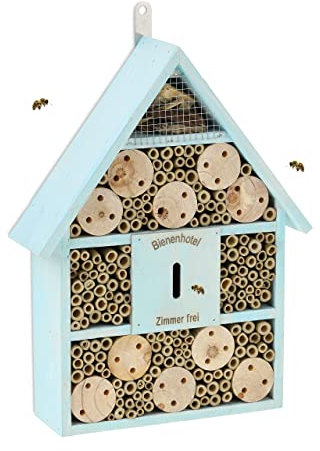 Relaxdays Bienenhotel, Nisthilfe Wildbienen, Garten, Balkon, Insektenhotel zum Aufhängen, Holz, HBT 38 x 29 x 9 cm, blau