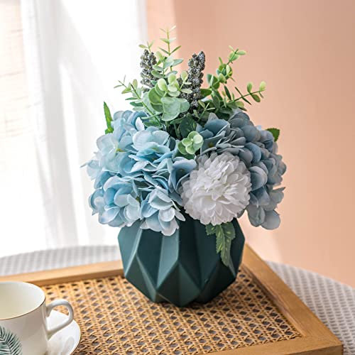 NAWEIDA Artificial Flower in Vase Silk Blue Hydrangeas Flowers with Vase,Faux Flower Arrangement with Vase Suitable for Home Office Decoration, Dining Table Centerpiece