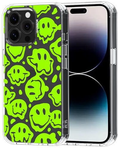 MOSNOVO Case for iPhone 14 Pro Max, [Buffertech 6.6ft Military-Grade Drop Protection] [Anti Peel Off Tech] Clear TPU Bumper Phone Case Cover Design - Distorted Green Smiles Face