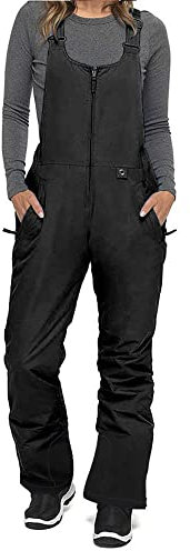 Isolierter Ski-/Schnee-Latzhose für Damen, ärmellos, winddicht, Reißverschluss vorne, Overall, Snowboardhose, Winteroverall mit Tasche, Schwarz , 36