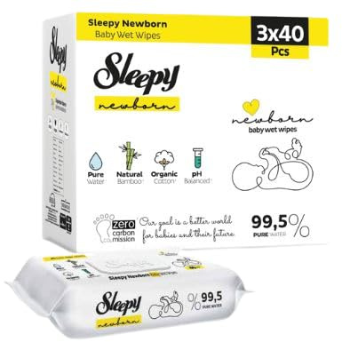 Sleepy Newborn Lingettes Bébé, 120 Lingettes (Lot de 1 x 3 x 40), Sans Parfum ni Alcool, Avec 99,5% d’Eau et des Fibres d’Origine Végétales, Testées Dermatologiquement