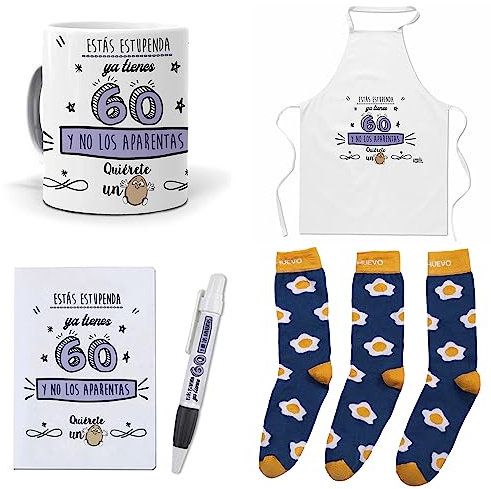Que Regalar para 60 cumpleaños Mujer.Ya Tienes 60 y no los aparentas. Taza,Delantal, libreta, boli y Trio de Calcetines