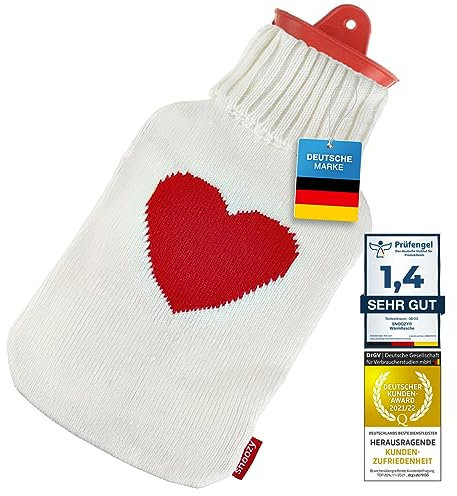 Snoozy® Wärmflasche mit weichen und kuschligen Bezug XXL mit 2 Liter Volumen für langanhaltende Wärme; 100% Naturkautschuk (Herz)