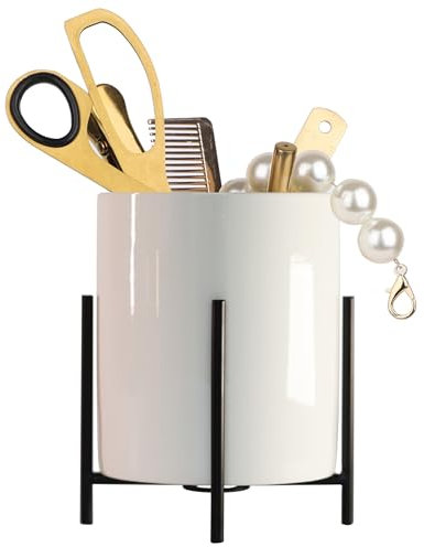 LOUIE SILNA Ceramic Pen Holder with Stable Metal Bracket,Cute Round Pencil Cup Pen Pot for Kids Girls Desk Organizer Makeup Brush Holder (white and Black 1pcs)