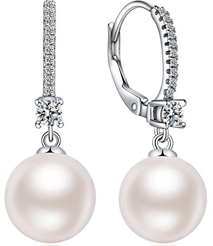 ZDaoBen Perlenohrringe 925 Sterling Silber Perlen Leverback Hängende Ohrringe Perle Ohrhänger Schmuck Geschenke für Damen Braut Hochzeit 8/10 mm