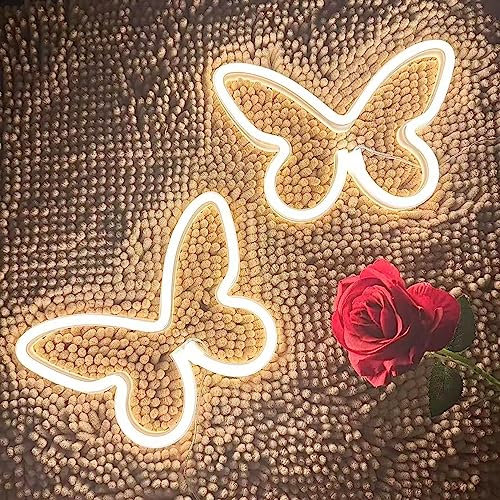 Schmetterling Neonschild für Wand Büro Hochzeit Geburtstag Party Raumdekoration, LED Neonlicht Schmetterling dekoration für Teenager Teenager-Mädchen 2 Stück (warmweiß)