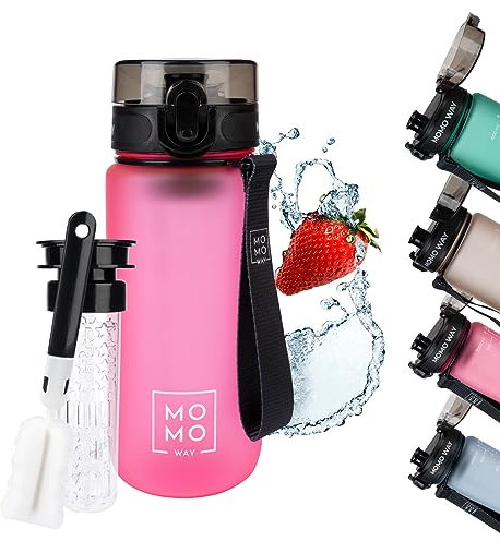 MOMO WAY Trinkflasche Tritan Wasserflasche Mit Früchtebehälter Wiederverwendbare Sportflasche Für Schule Gym Geschenk BPA-Frei 1-Klick Verschluss Dunkelrosa 600ml