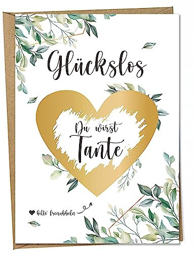 Ninky® Rubbelkarte Du wirst Tante Postkarte mit Kuvert - Schwangerschaft verkünden Tante - Rubbellos Herz Gold DIN A6