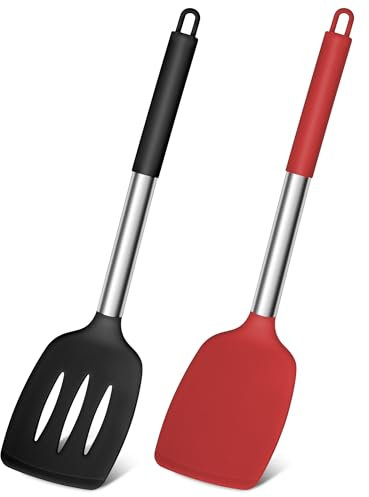 Joyfair Silicone Spatula, Stainless Steel Spatula Pack of 2, Cooking Turner/Non Stick Kitchen Slotted Utensil Set Ideal for Fish, Eggs, Pancakes, Heat Resistant & Dishwasher Safe, Black+Red