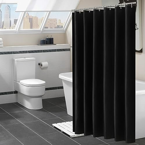 Lieson Rideau de Douche 150x180CM, Rideaux Douche Tissu Lavable Anti Moisissure Polyester Imperméable Couleur Uni Rideau de Baignoire avec Crochets, Noir