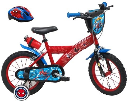 A.T.L.A.S. Jungen Kinderfahrrad 14 Zoll Marvel, Ausgestattet mit 2 Bremsen, Dekorativer Frontplatte, Hinterer Kanister und Spiderman-Helm, Rot wie abgebildet