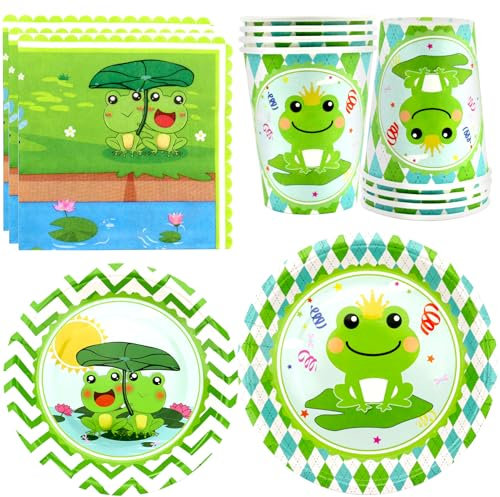 Obussgar Frosch Geburtstag Party Dekoration - Frosch Party Supplies einschließlich Pteller, Servietten, Tassen, Tischdecke -für 20 Gäste (4J)