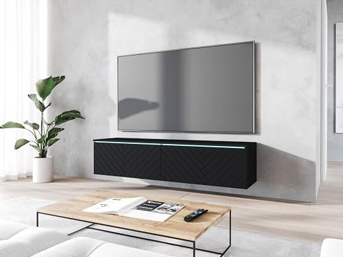 MINIO go for it - Meuble TV Donna, Largeur 140 cm, Lowboard TV, Debout ou Suspendu, Meuble Salon, Panneaux de Particules stratifiés, Style Moderne, Noir/Motif Herringbone - sans Éclairage LED