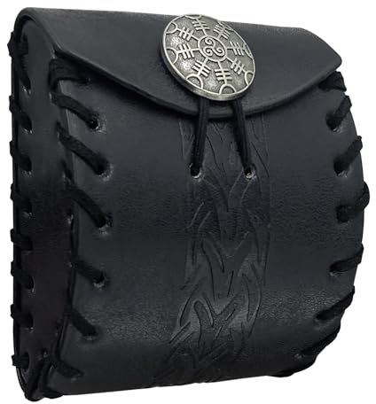 HiiFeuer Mittelalter Mini-Gürteltasche aus Kunstleder, Tragbare Renaissance Gürtelbeutel, Nordisches Portemonnaie Würfelbeutel für LARP Ren Faire (Schwarz B)