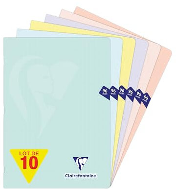Clairefontaine 308161Cpack Un lot de 10 Cahiers Agrafés Mimesys PASTEL - A4 21x29,7 cm - 96 Pages Grands Carreaux - Papier Blanc 90 g - Couvertures Polypro Opaques Assorties Aléatoires