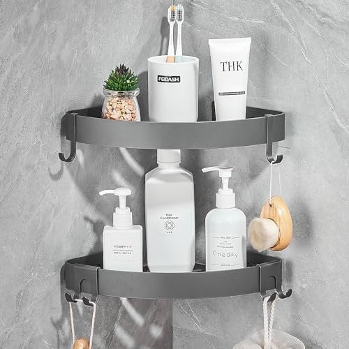 FIISAYL Duschablage Ohne Bohren Duschregal Ecke Badezimmer Organizer Badregal Duschkorb, Dusche eckregal mit 4 Haken Raumfahrt Aluminium Wandmontage Grau, 2 Stück