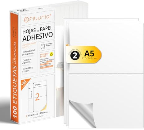 Folios A4 de Etiquetas Adhesivas Blancas, Crea tus Pegatinas Personalizadas para cualquier Superficie, Papel A4 Adhesivo Seguro, Etiqueta Adhesiva para Imprimir - Ofituria (2 por hoja, 100h)