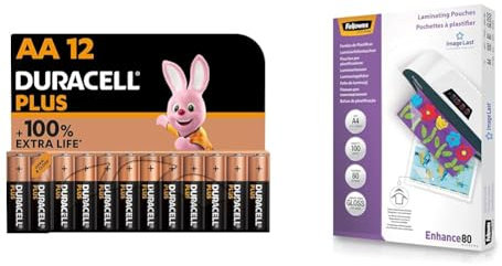 Duracell Plus Batterien AA, 12 Stück, langlebige Power, AA Batterie für Haushalt und Büro & Fellowes Laminierfolien A4 ImageLast, 80 Mikron, 100 Stück, transparent mit Ausrichtungshilfe