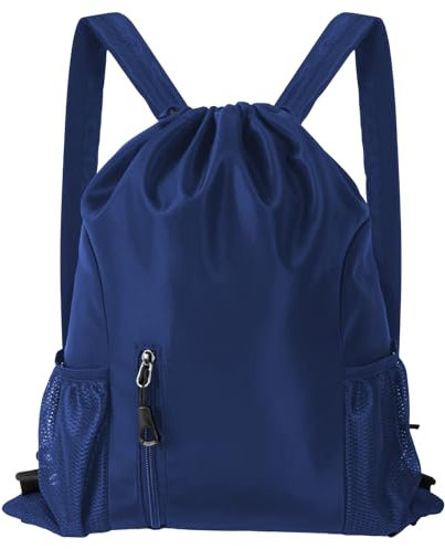 Qoosea Kordelzug-Rucksack Große Kapazität Turnbeutel, Wasserdicht Nylon Sportbeutel, Verstellbar Tunnelzug Gymsack für Damen Herren Sporttasche mit Reißverschluss-Außentasche und Netztaschen (Blau)