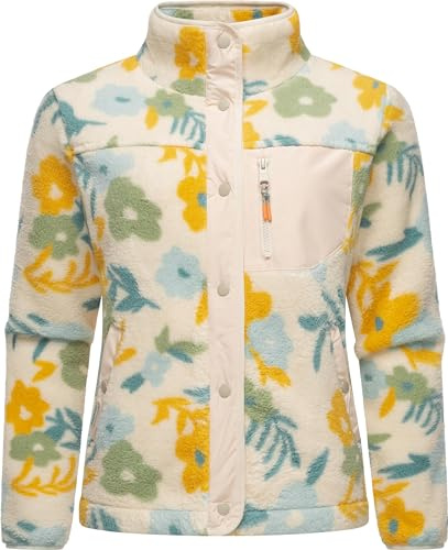 Ragwear Damen Plüschjacke im Blumenmuster kurze Teddyfleece-Jacke warm mit hohem Kragen und Brusttasche Appopis Print XS-6XL