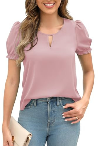 Zeagoo Camicia Donna Maglietta Chiffon Camicetta Maniche Corte Girocollo Elegante Blusa Estivi Rosa Casual T Shirt Top, L