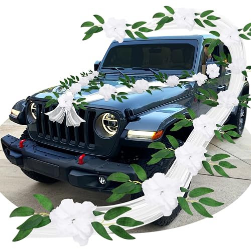 Autoschmuck Hochzeit Motorhaube Auto Deko Hochzeitsschmuck Hochzeitsdeko Brautauto Schmuck Außen Hochzeit Weiß mit 11 Dekorative Blumen und Extrastarken Saugnäpfen