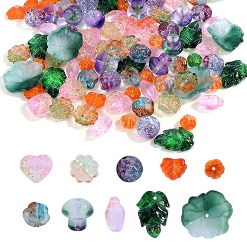 Gocelyn 100Pcs Assorted Crystal Glass Beads of Various Plants for Jewelry Making, Theme of Flower Leaf Plants Czech Glass Loose Beads for Crafts Bracelets Necklaces Pendants