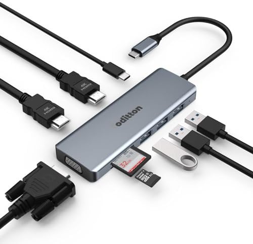 oditton USB C Hub, 9 in 1 USB C Adapter Multiport Docking Station Kompatibel für USB C Laptops und Andere Typ C Geräte (3* USB A 3.0, 2 * 4K HDMI, 100W PD, SD/TF, VGA)