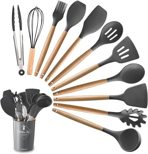 SQUADO - 12 pezzi Set Utensili da Cucina Antiaderenti, con Manico in Legno, Ideali per Dolci e Salati, Facili da Pulire