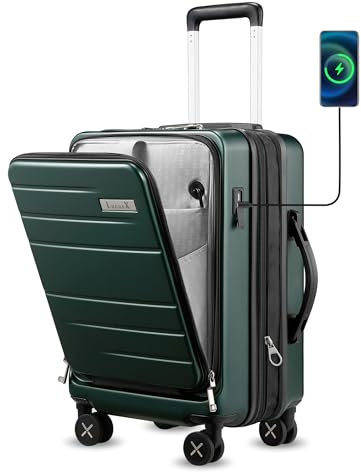 LUGGEX Handgepäck Koffer Hartschale aus PC mit Laptopfach - Erweiterbar Reisekoffer Trolley mit USB-Anschluss, 4 Doppel-Spinner Rollen, TSA, 55 cm, Grün