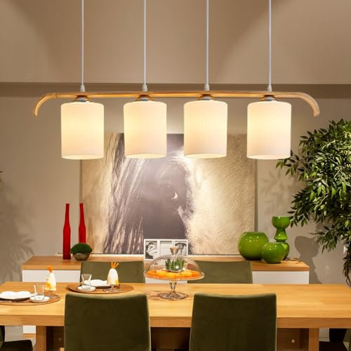 ENXING Moderne Weiße Pendelleuchte Holz Pendelleuchte Höhenverstellbar Glas Pendelleuchte 4 Licht Pendelleuchte 4 X E27 Für Küche Wohnzimmer Schlafzimmer (Glühbirne Nicht Enthalten)