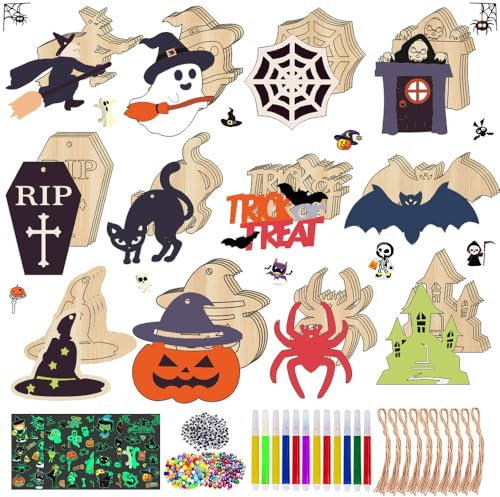 HEYIDAMAI Halloween Deko Basteln,Halloween Basteln Kinder Holz,Halloween Deko Holz,Holzanhänger zum Bemalen,Halloween Bastelset für Kinder,Holzfarbe Basteln Kinder,Holz Basteln Kinder für Halloween