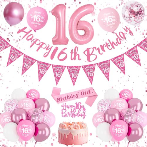 Decorazioni rosa per 16° festa – palloncini di compleanno per ragazze con striscione di buon compleanno, fascia per palloncino numero 16 e topper per torta