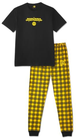 Borussia Dortmund BVB Schlafanzug Karo, Amazon exklusiv, Kurzarm Shirt, Lange Hose, schwarzgelb, 100% Baumwolle, Gr. S