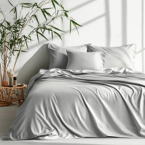 Lanqinglv Bettwäsche 200x220 cm aus 100% Bambus Lyocell,Silbergrau Mako Satin Bettwäsche Set Kühlende mit Reißverschluss,Oeko-TEX Zertifiziert,Luxus Glatt Bettbezug 200x220 und 2 Kissenbezug 80x80