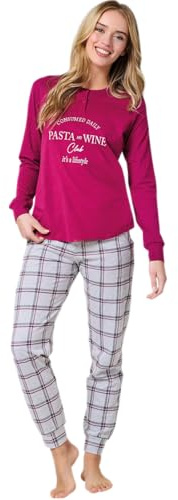 Pigiama da Donna in Jersey di Cotone con Collo a Serafino Serie Montebianco (IT, Testo, M, Regular, Regular, Ciclamino)