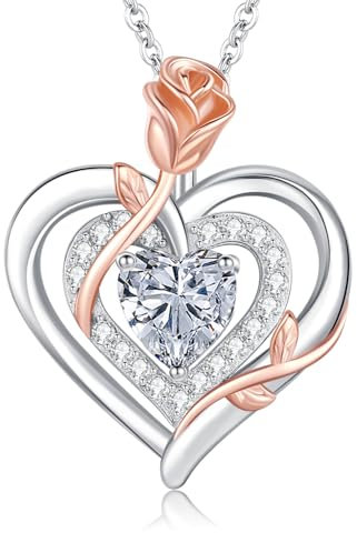 LAVUMO Halskette Damen Silber 925 Doppel Herz Rose Blume Kette Damen Geburtsstein Halsketten Muttertag Geburtstag Valentinstag Weihnachten Schmuck Geschenke Frauen Mama (04-Silber-April)