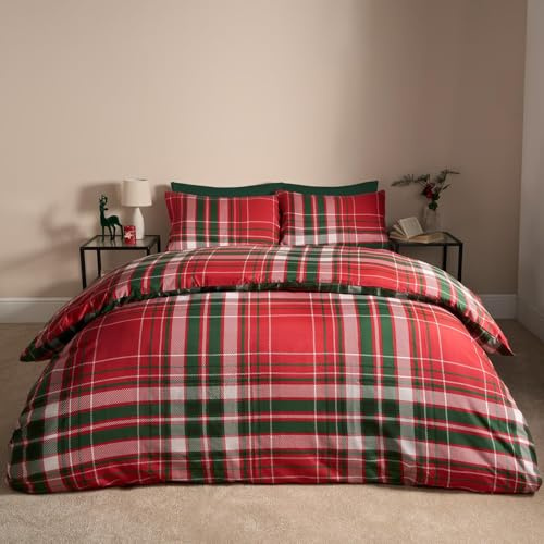 OHS Christmas Bedding Single, Super Soft Cosy Warm Luxurious Single Duvet Cover Set Traditional Red Tartan Check Festive Bedding Comfy Reversible Christmas Duvet with Pillowcase